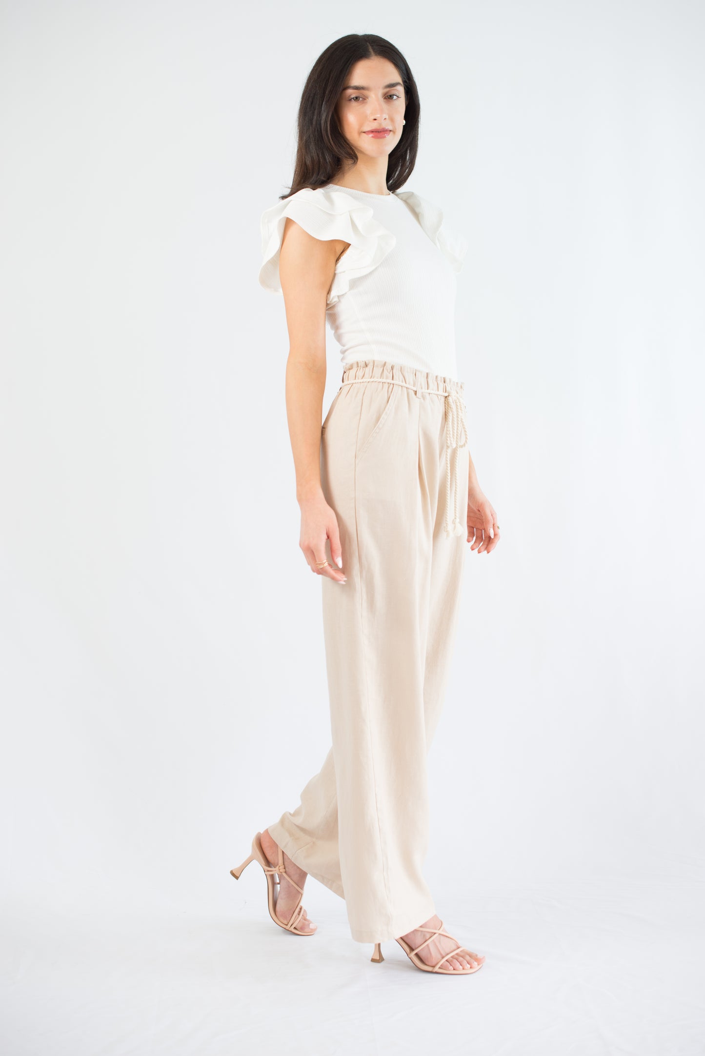 Off White Ribbed Ruffle Sleeve Top