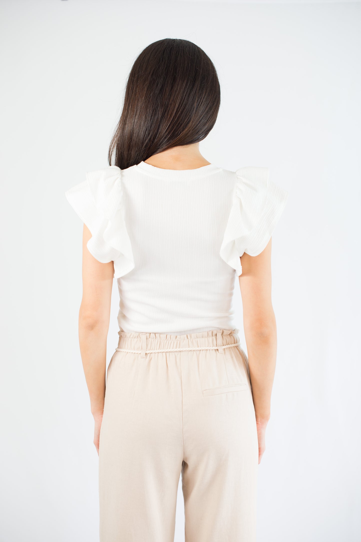 Off White Ribbed Ruffle Sleeve Top
