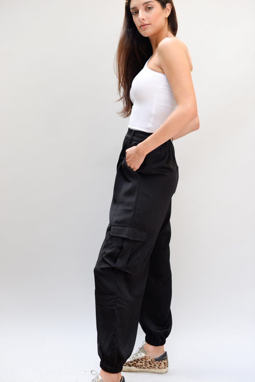 Black Satin Effect Cargo Pants