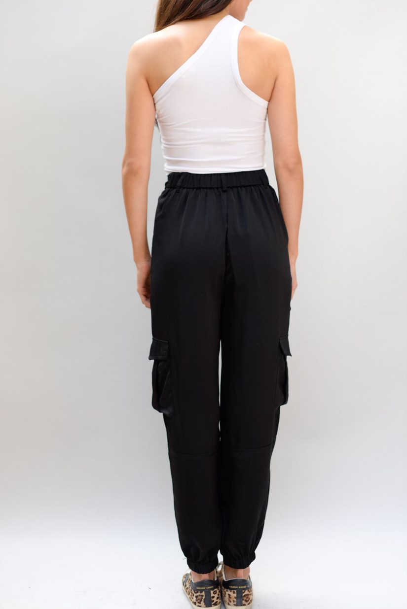 Black Satin Effect Cargo Pants