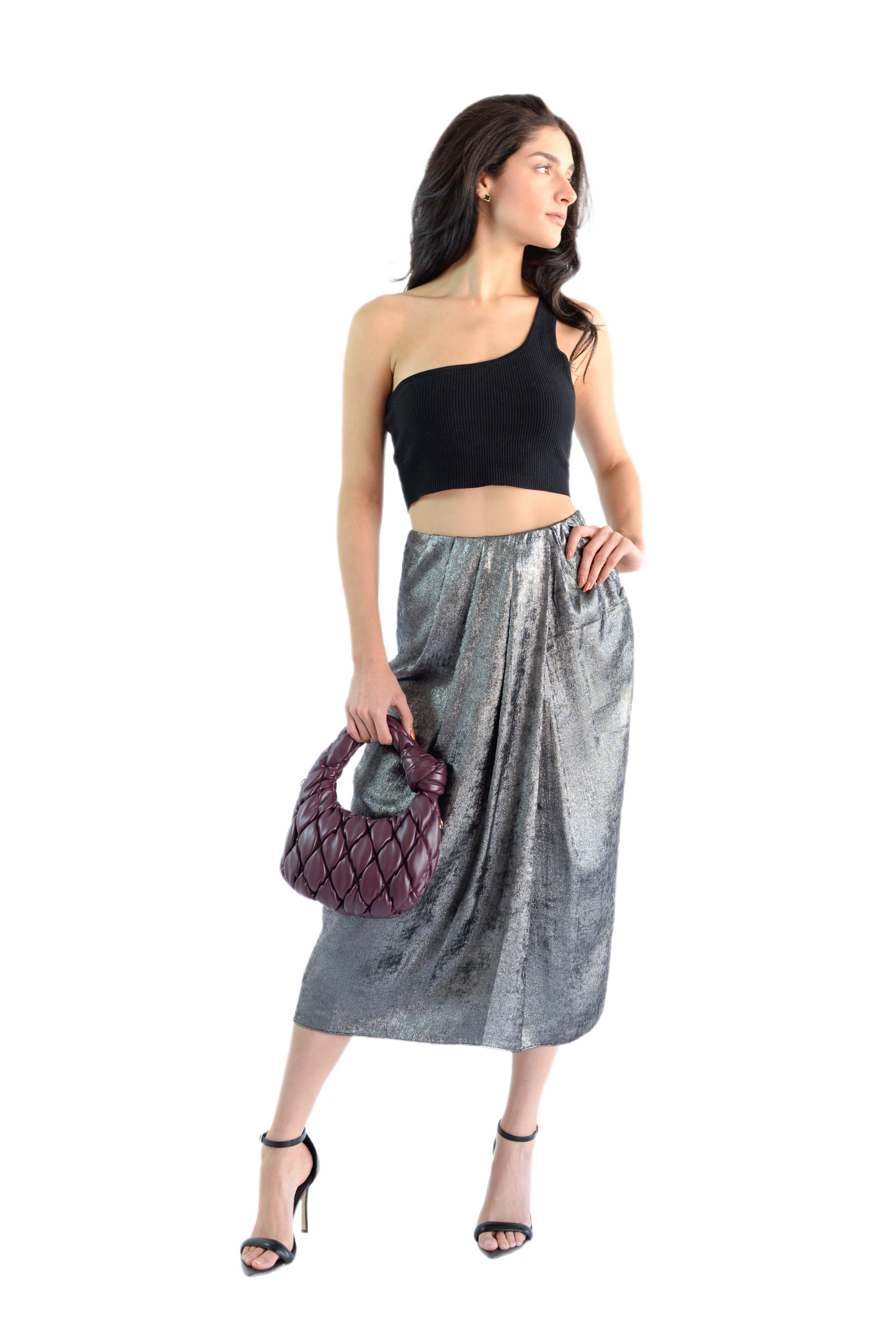 Gray Metallic Fabric Pleat Detailed Skirt