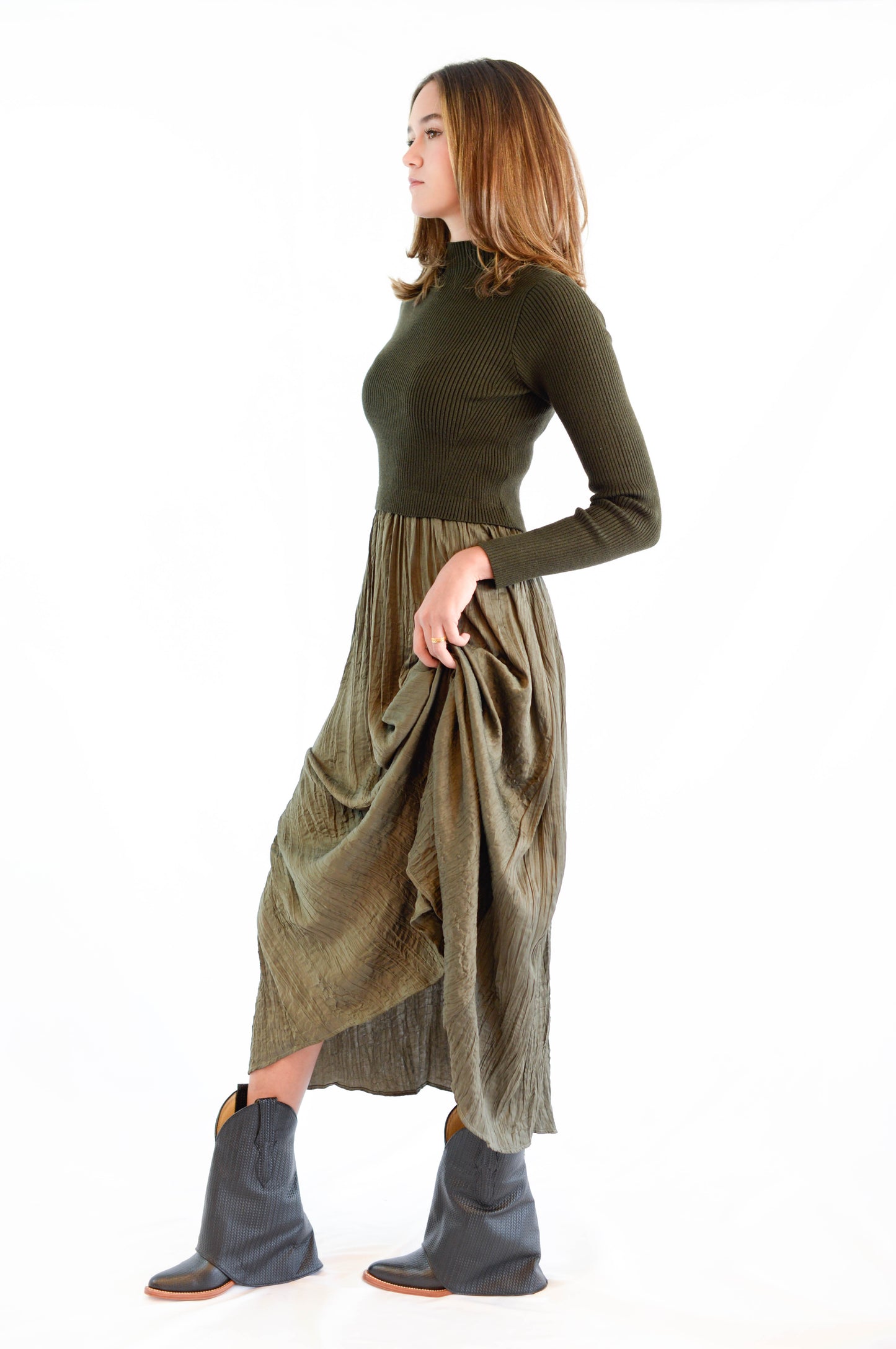 Olive Sweater Combo Woven Dress