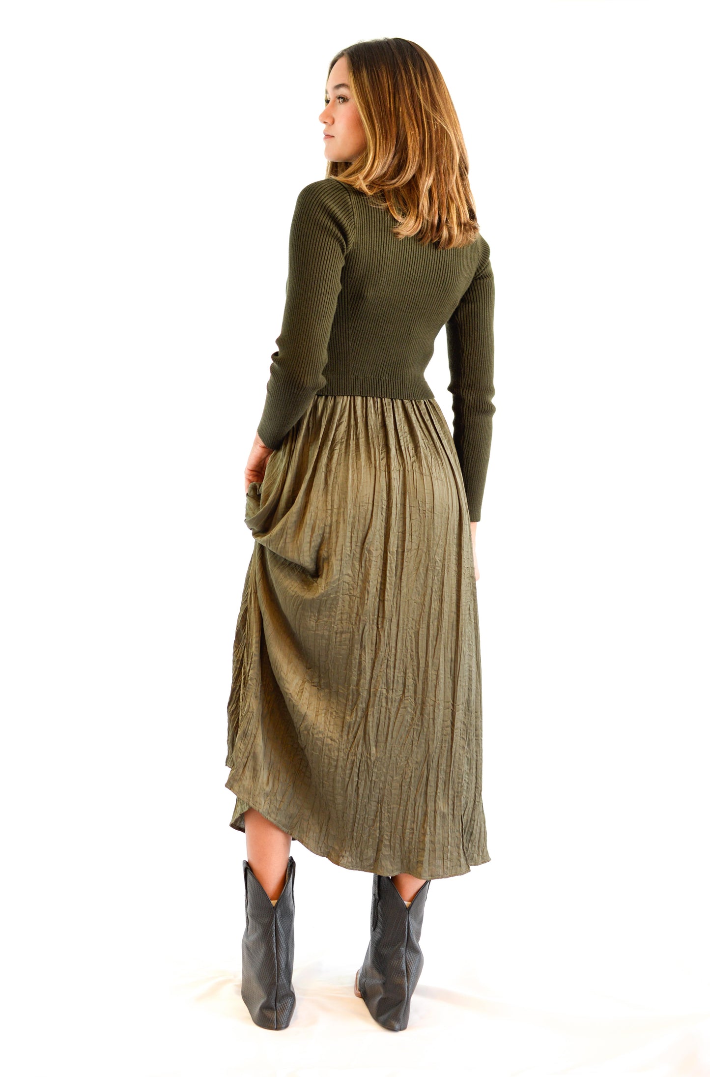 Olive Sweater Combo Woven Dress