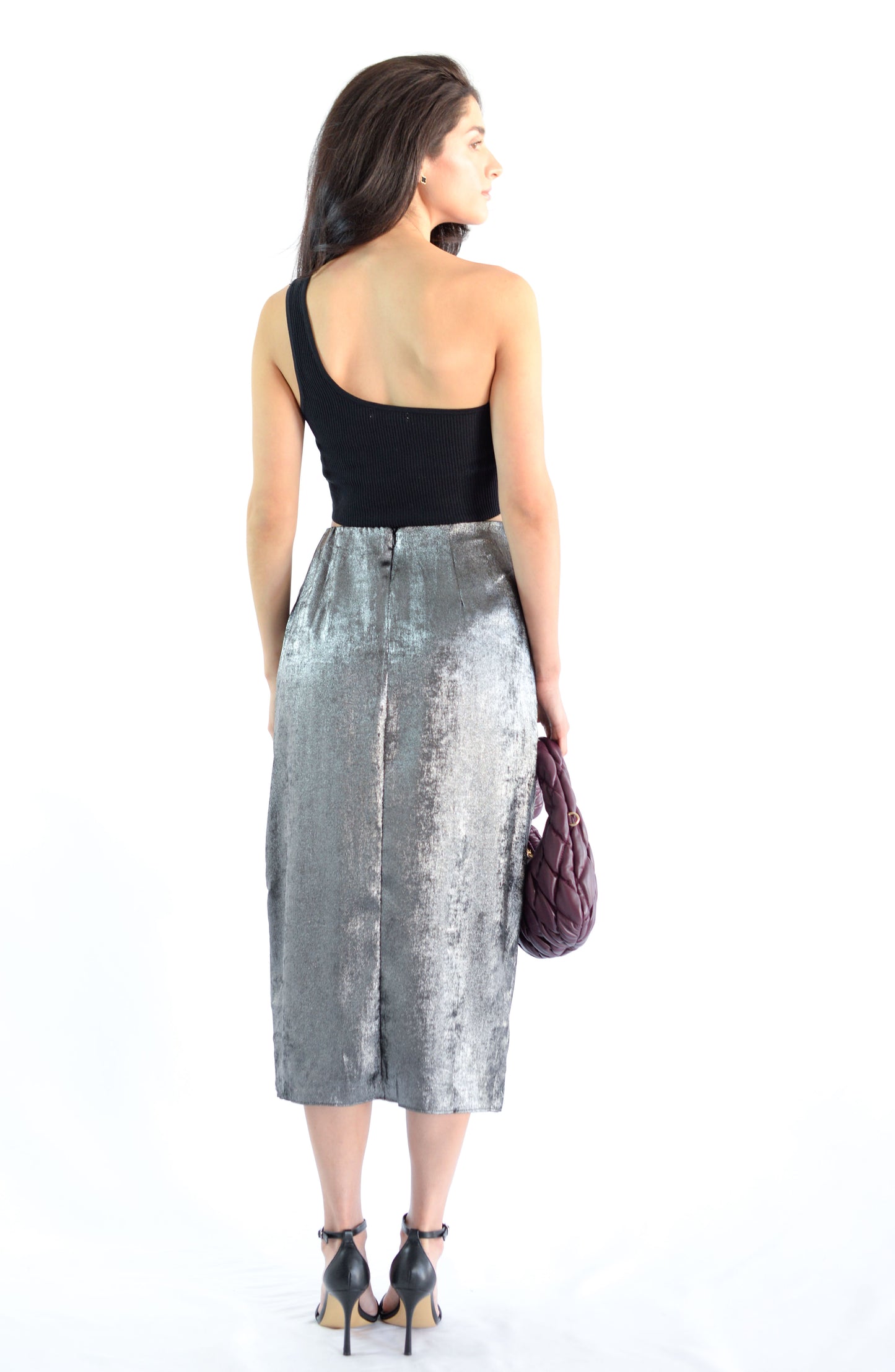 Gray Metallic Fabric Pleat Detailed Skirt