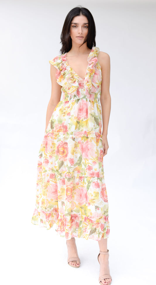 Maxi Long Dress Pink/Yellow Floral