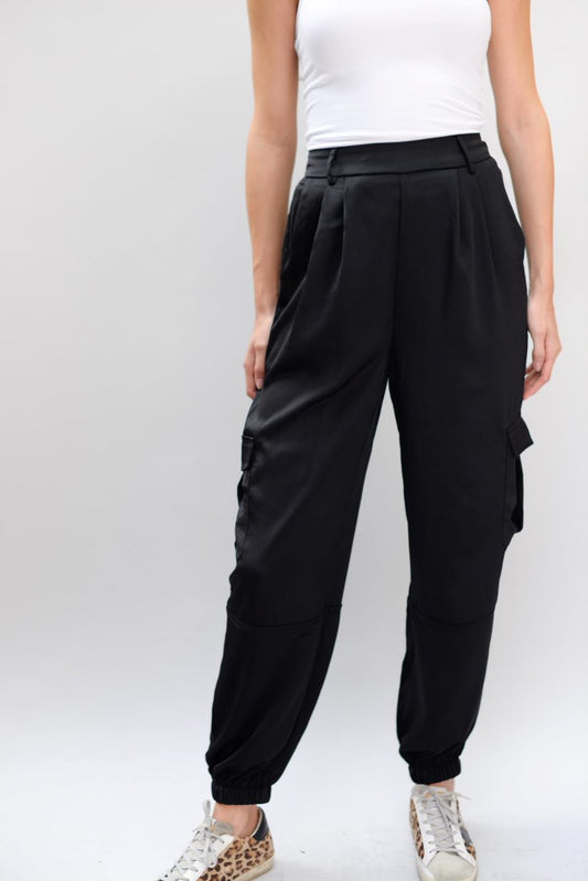 Black Satin Effect Cargo Pants