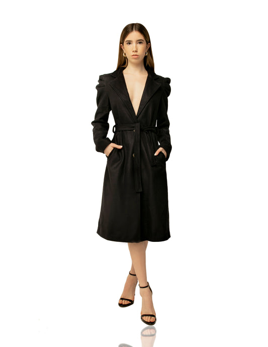 Bubble Shoulder Wool Coat with Tie Belt