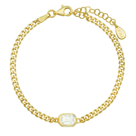 Gold Chain Bracelet With Bezel Set Emerald Cut Center Stone