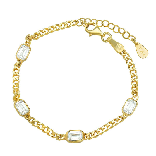 Gold Curb Chain with Bezel Set Emerald Cut CZ Stones