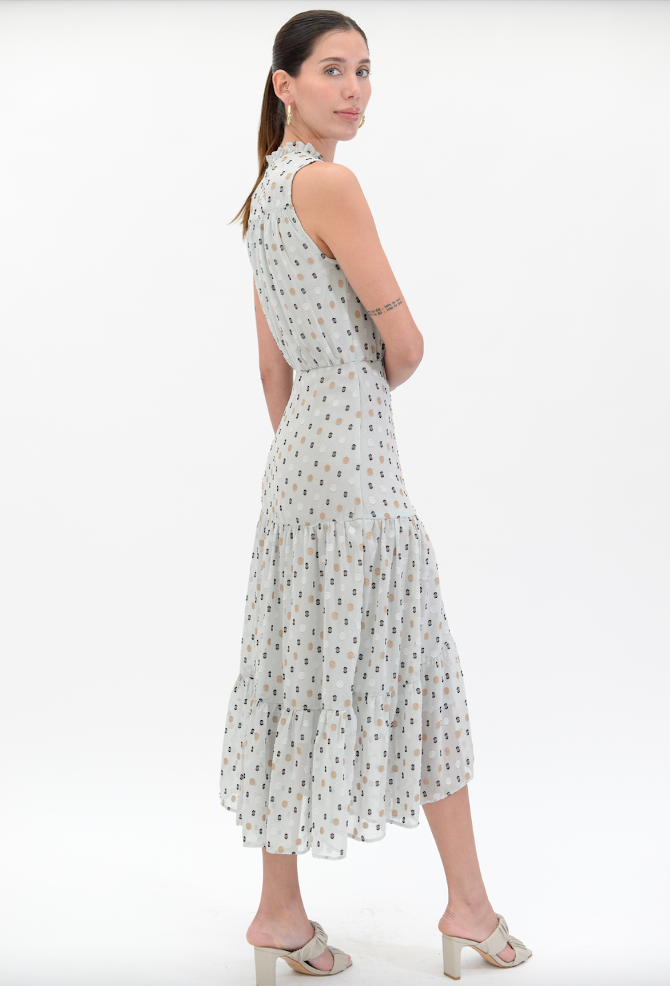 Dotted V Neck Midi Dress