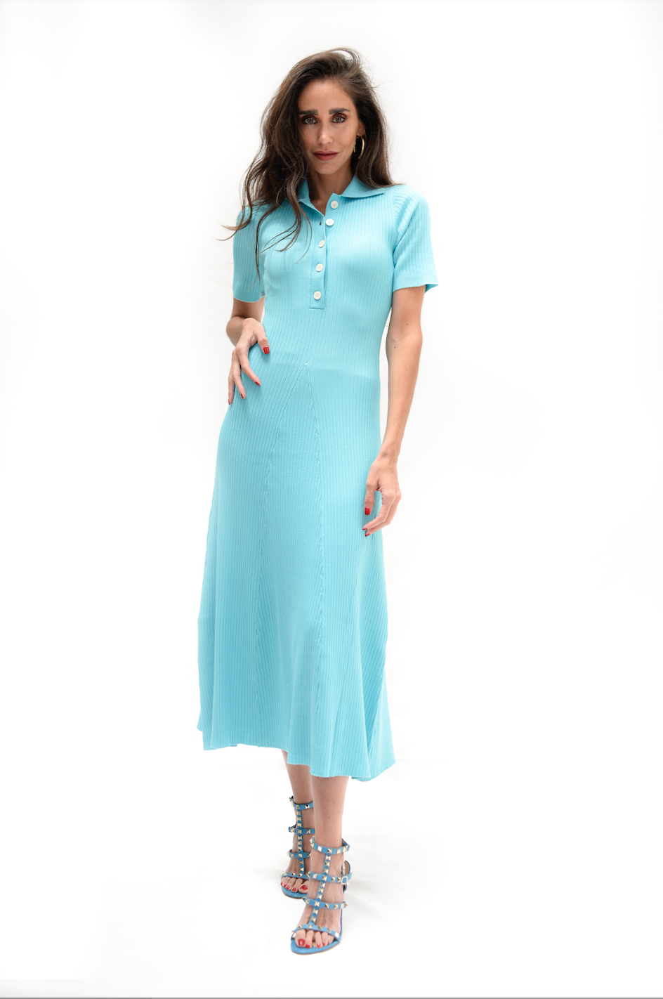 Collar Half Button Up Midi Dress